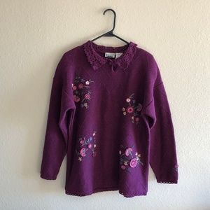 80s embroidered lace collar long sweater